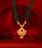 Beaded Necklace with Multi-Strand Green Beads - Teardrop Shaped