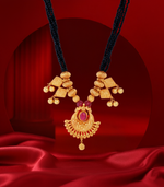 Black Beaded Gold Necklace with Red Stone and Dangle Accents