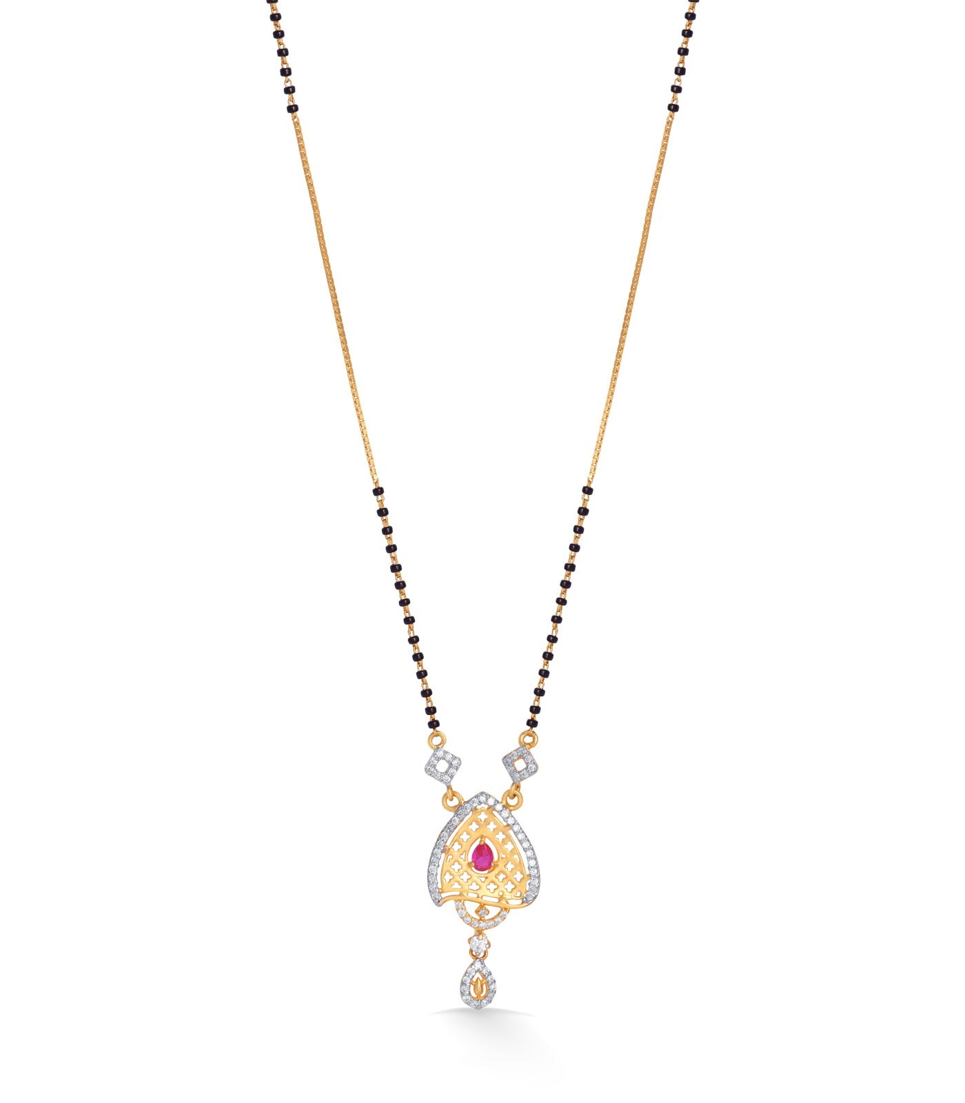 Delicate mangalsutra with a heart-shaped pendant on a white background