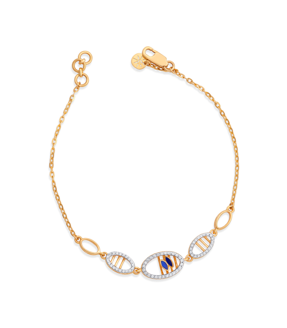 Gold bracelet with unique design elements on a white background.