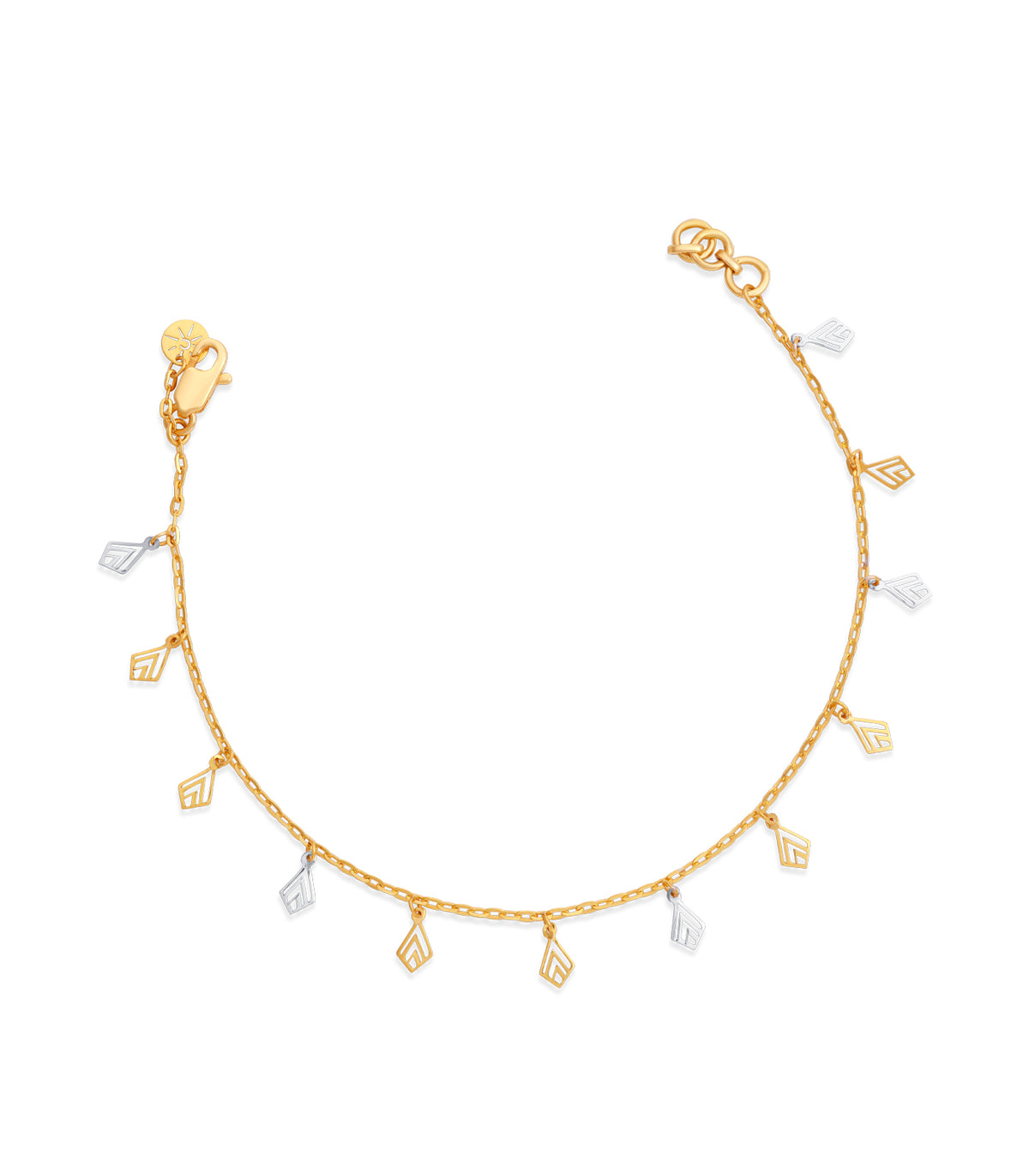 Gold bracelet with geometric charms on a white background