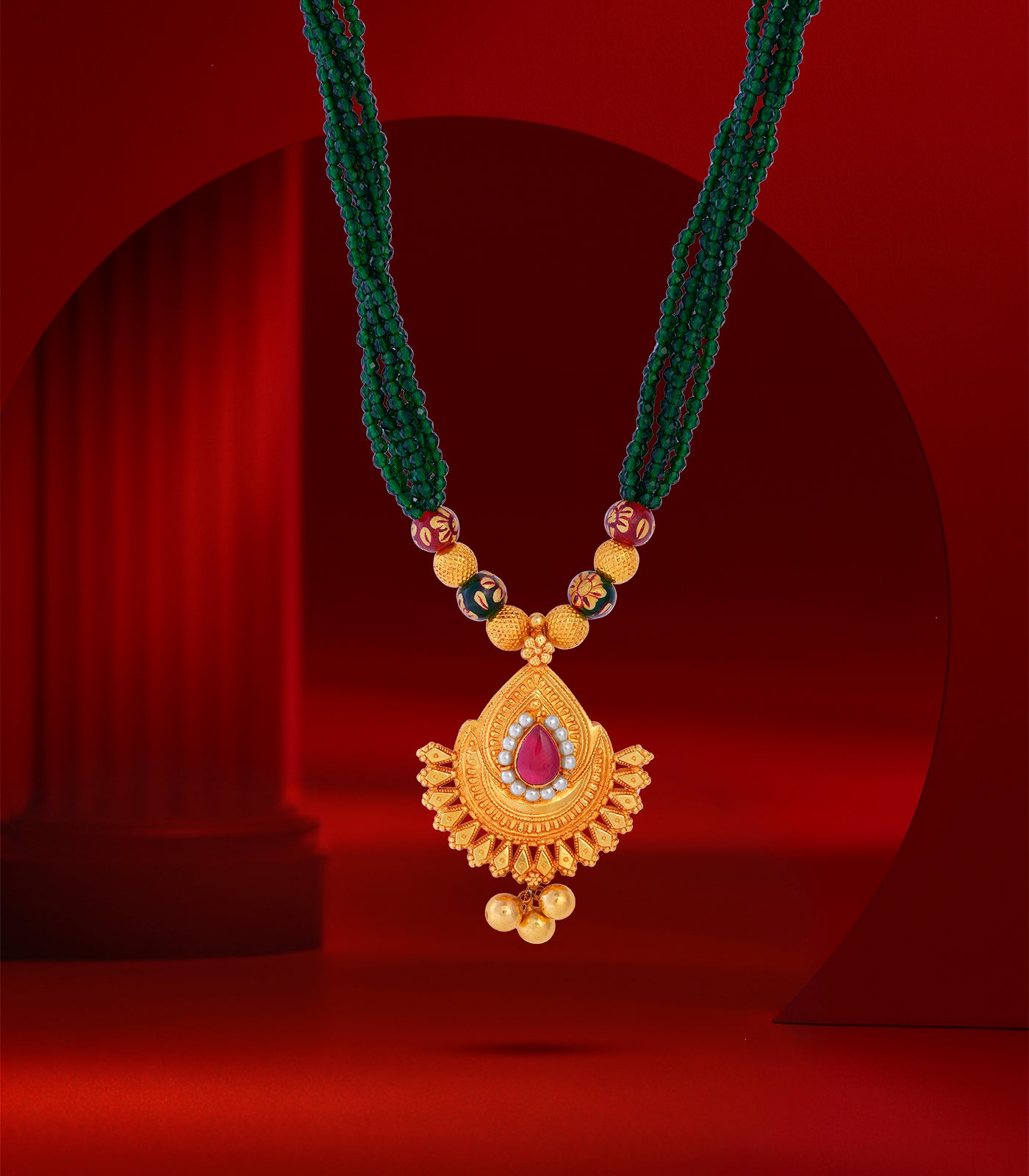 Beaded Necklace with Multi-Strand Green Beads - Teardrop Shaped