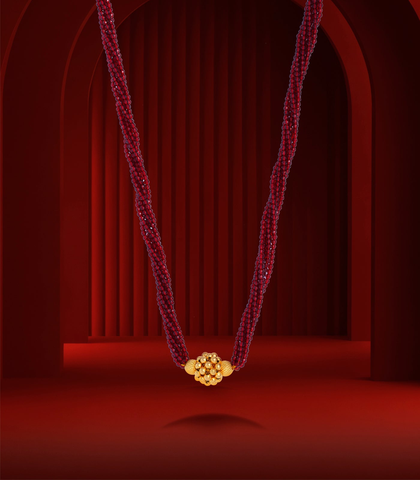 Blood Red Beads Radiant Gold Pendant Necklace