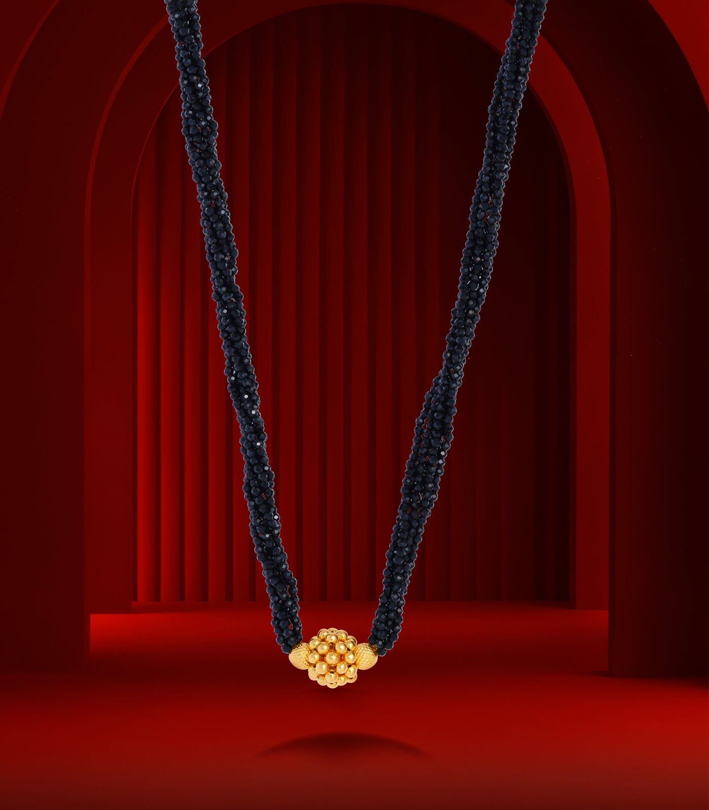 Black Beads Radiant Gold Pendant Necklace