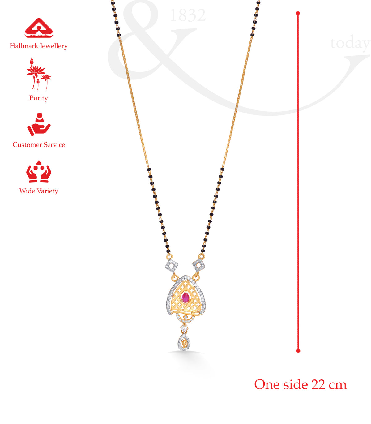 Delicate mangalsutra with a heart-shaped pendant on a white background with measurements