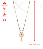 Delicate mangalsutra with a heart-shaped pendant on a white background with measurements