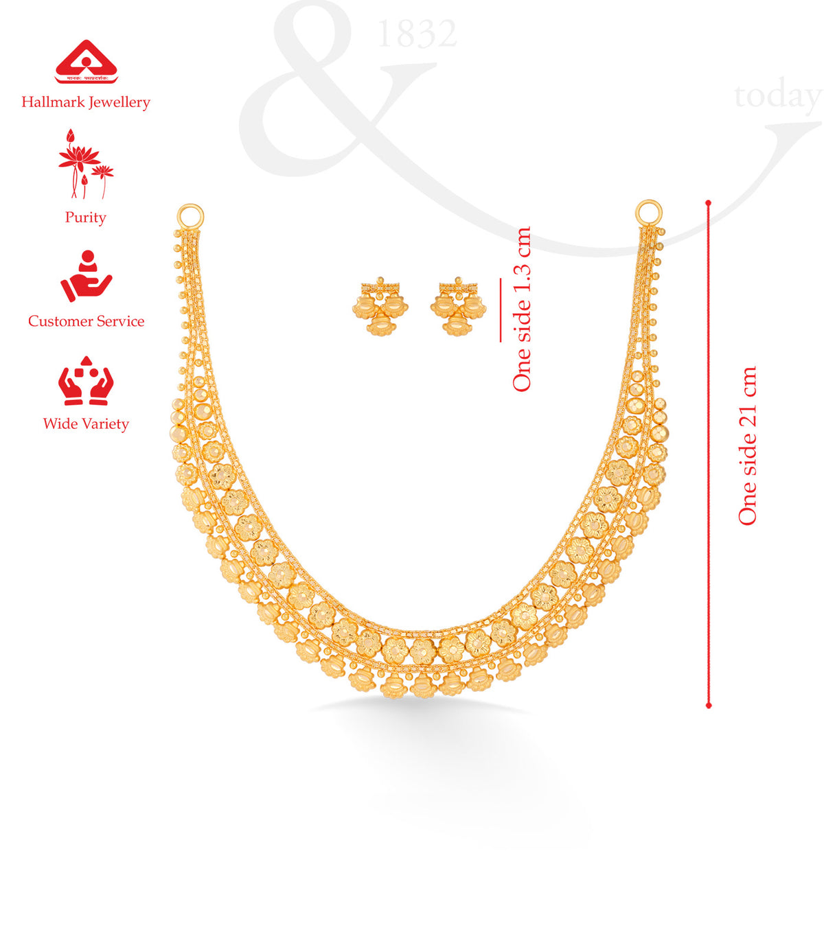 Gold necklace and earrings with Hallmark Jewellery branding and measurements on a white background.