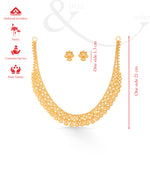 Gold necklace and earrings with Hallmark Jewellery branding and measurements on a white background.