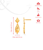 Gold earring with measurement details on a white background, featuring Hallmark Jewellery logo.