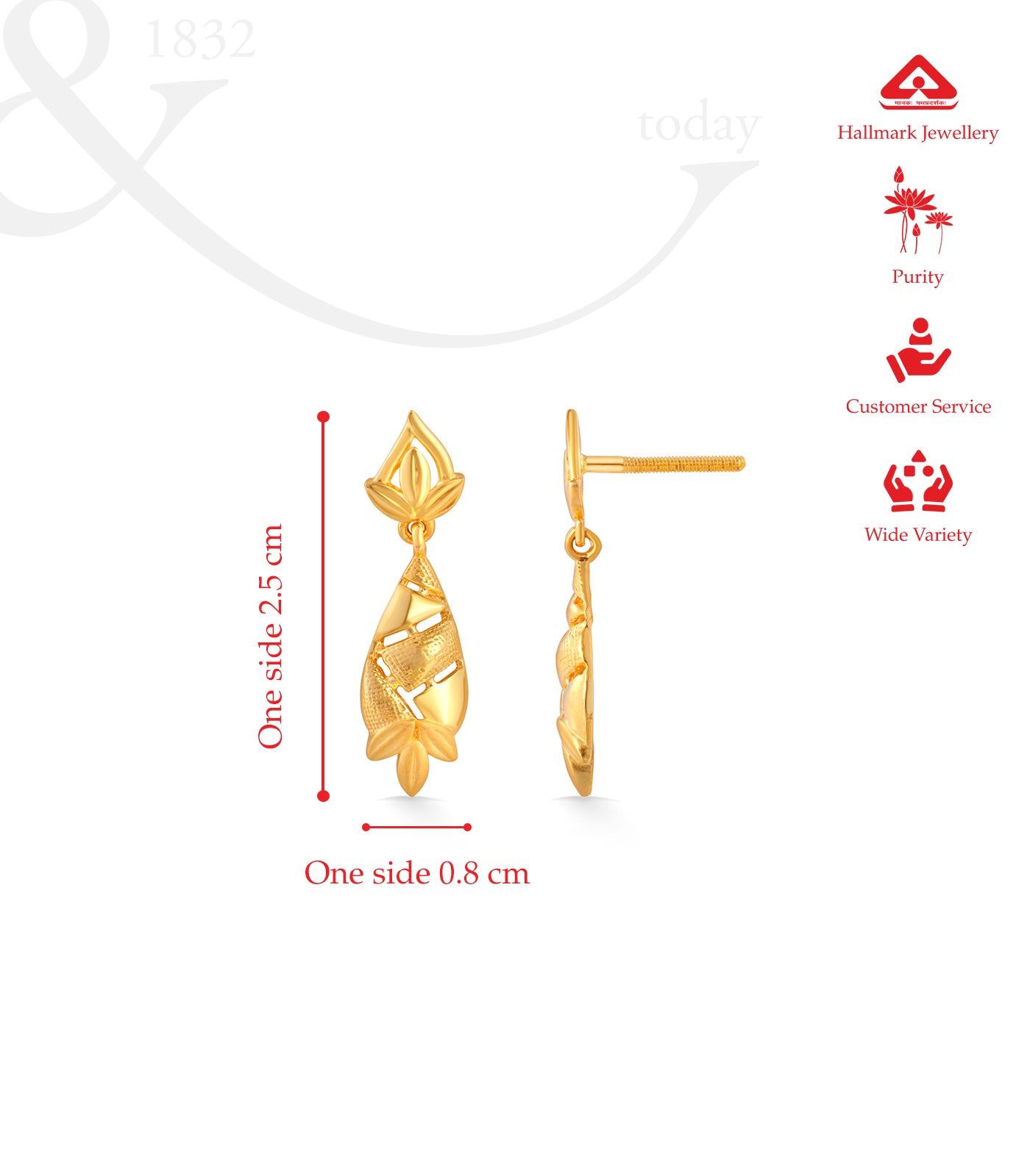 Gold earring with measurement details on a white background, featuring Hallmark Jewellery logo.