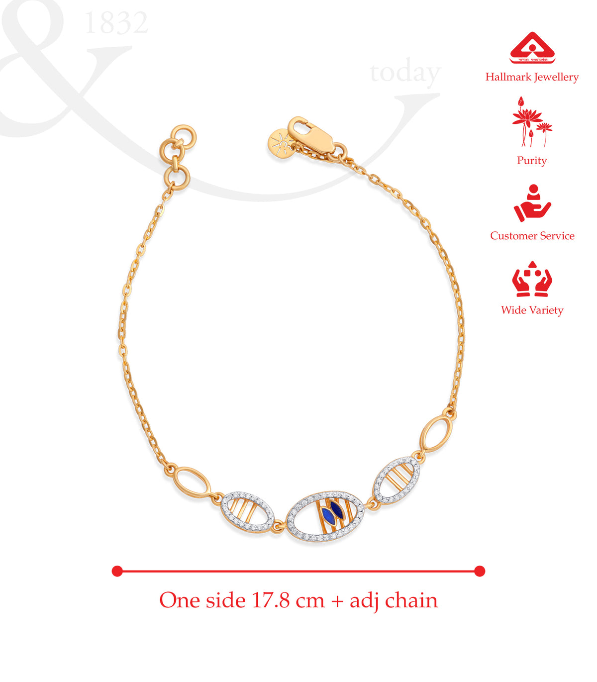 Gold bracelet with Hallmark Jewellery logo and measurements on a white background.