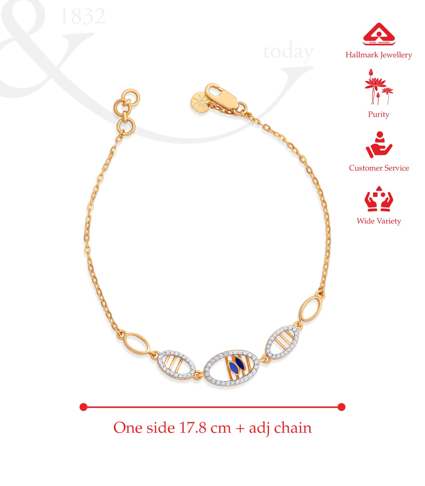 Gold bracelet with Hallmark Jewellery logo and measurements on a white background.