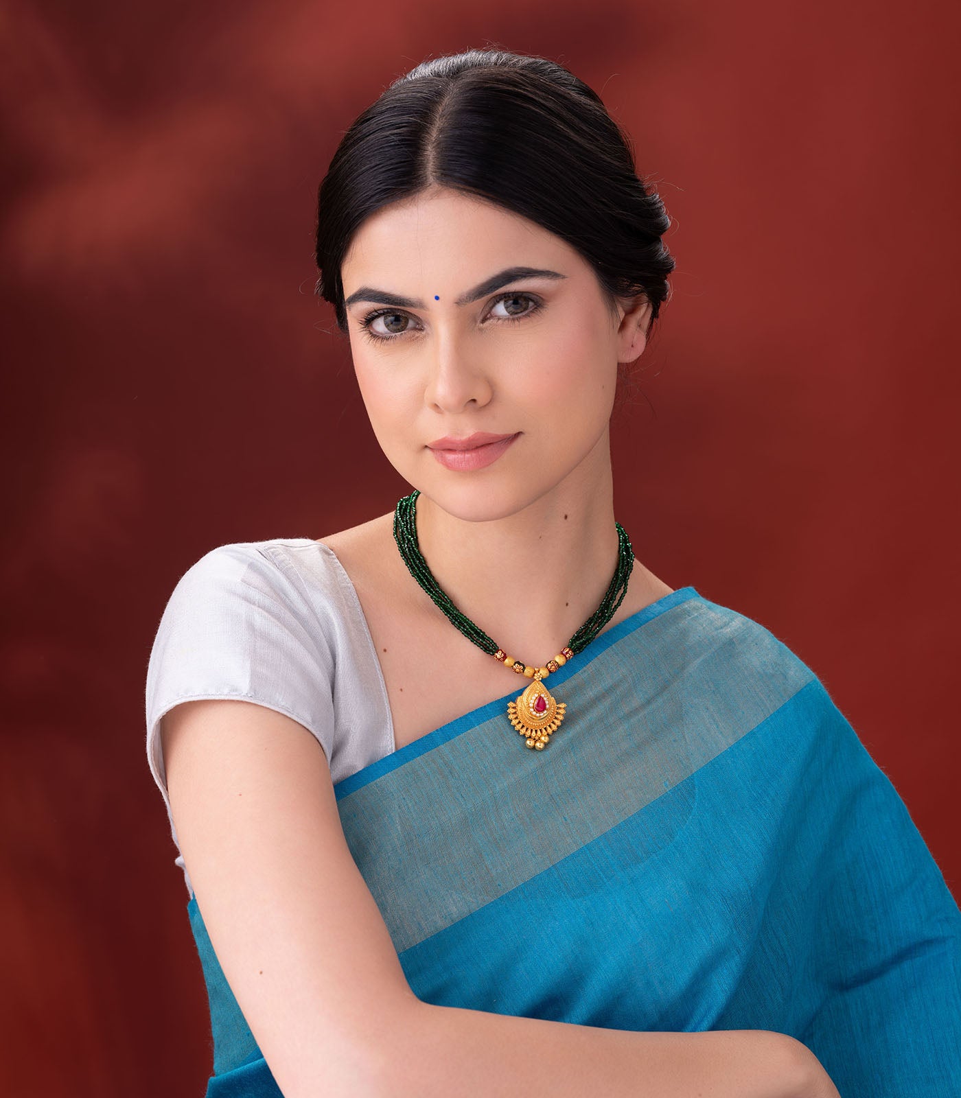 Beaded Necklace with Multi-Strand Green Beads - Teardrop Shaped