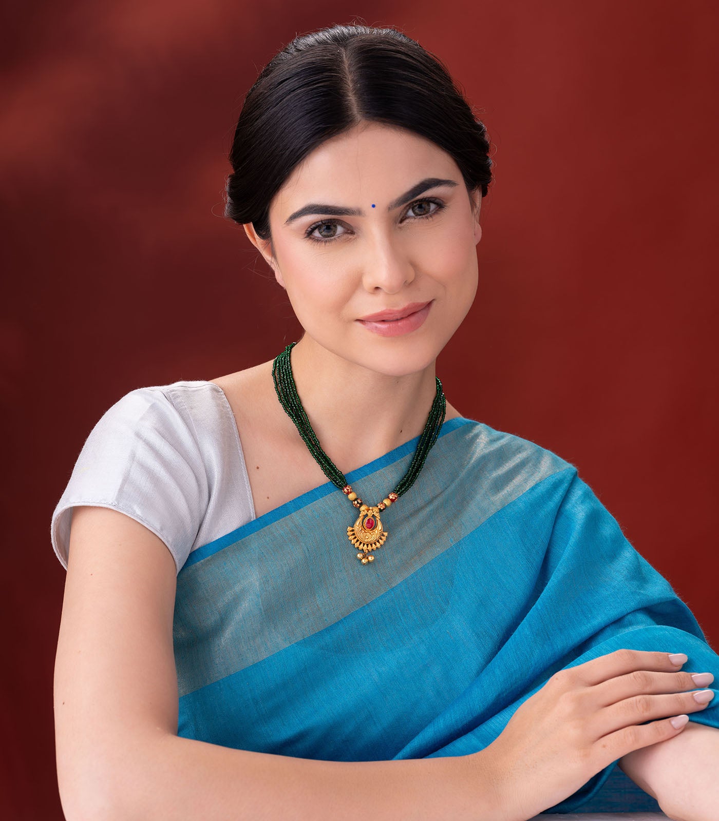 Gold Beaded Necklace with Multi-Strand Green Beads