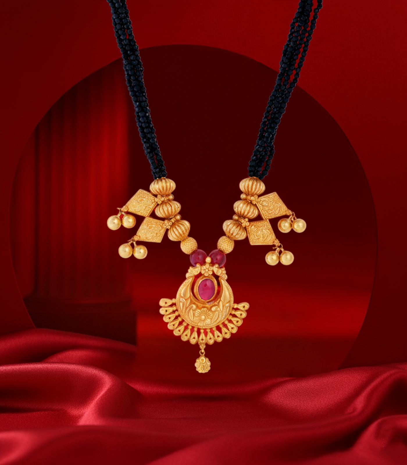 Black Beaded Gold Necklace with Red Stone and Dangle Accents